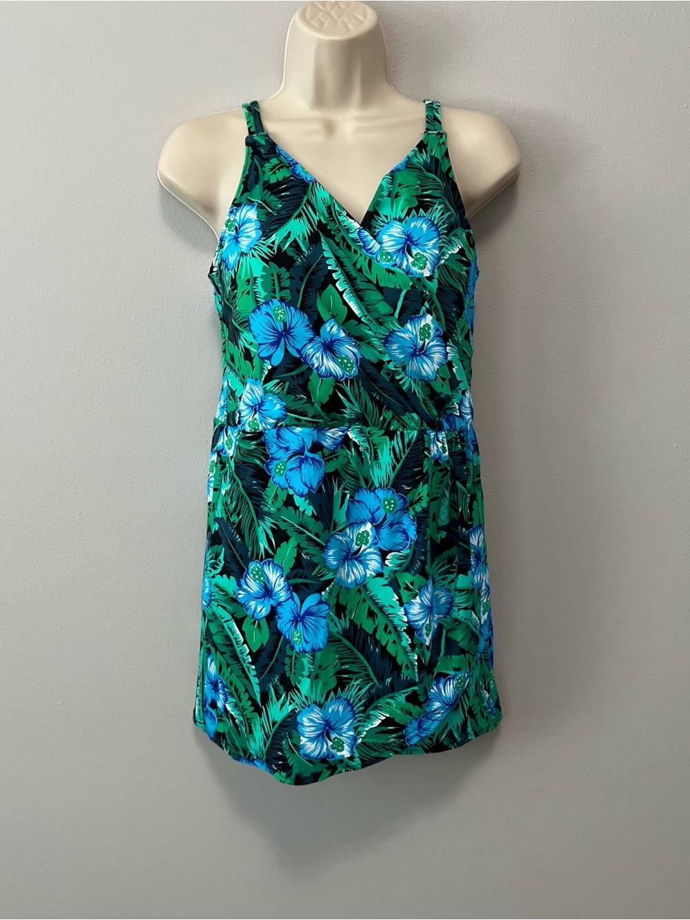 Lands' End Tropical Floral Faux Wrap Swim Dress Size M